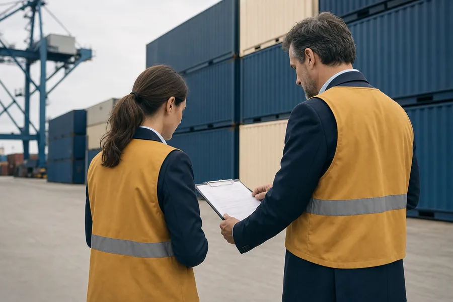 Dos profesionales revisan documentación junto a contenedores en una terminal portuaria