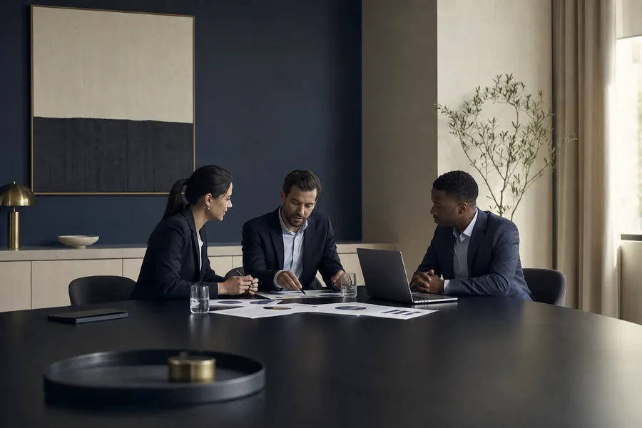 Reunión de trabajo entre profesionales analizando información financiera